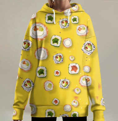 Яркие суши разложены с акцентом на желтом фоне, Hoodie Long Oversize 3D