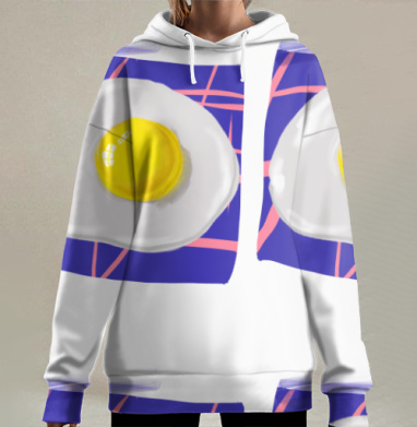 Яичница на синем полотенце с яркими акцентами фона, Hoodie Long Oversize 3D