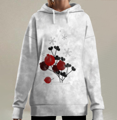 Красные ягоды ветви в зимние снежинки покоя, Hoodie Long Oversize 3D