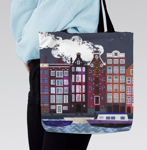 Вечерние дома Амстердама Amsterdam houses на фоне ночного города, Сумка с ручкой и внутренним карманом на молнии