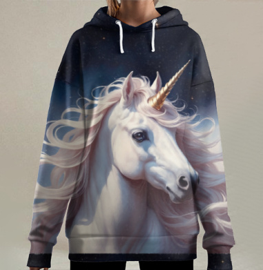 Величественный белый единорог с розовой гривой, Hoodie Long Oversize 3D