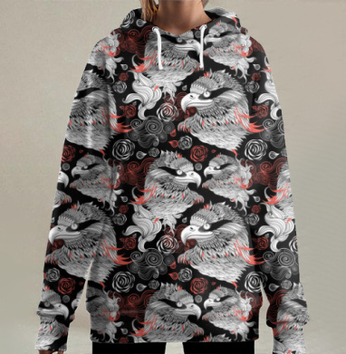 Графический принт орлы, Hoodie Long Oversize 3D