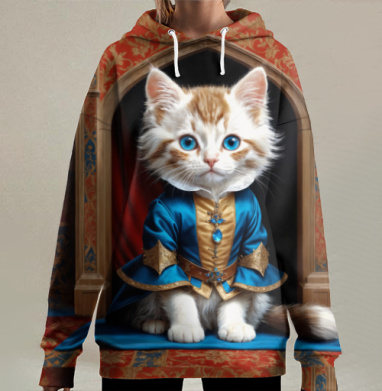 Парадный портрет котёнка-монарха в историческом костюме, Hoodie Long Oversize 3D