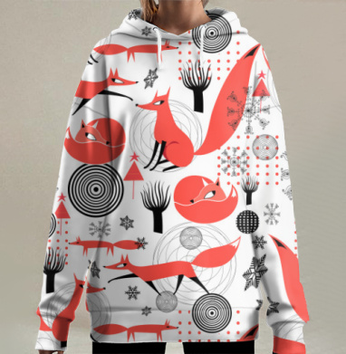 Зимний паттерн с лисами в красно-чёрных тонах, Hoodie Long Oversize 3D