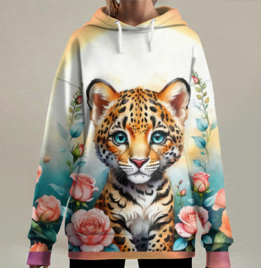 Милый детеныш ягуара в саду роз, Hoodie Long Oversize 3D