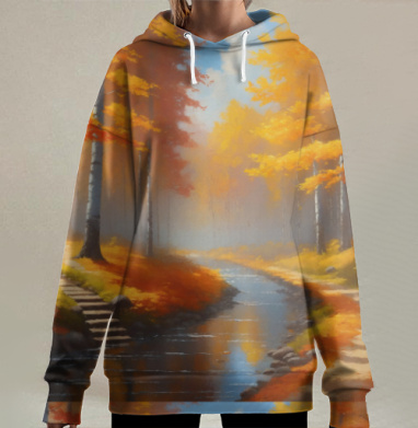 Осенний лес и река идиллическое спокойствие природы, Hoodie Long Oversize 3D