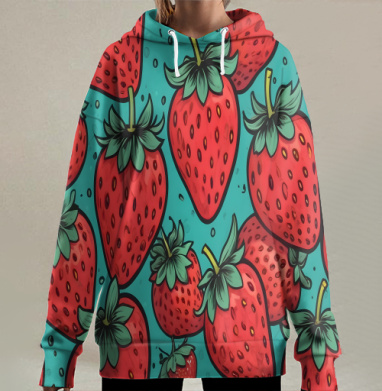 Яркий летний фон с множеством спелых красных ягод клубники, Hoodie Long Oversize 3D