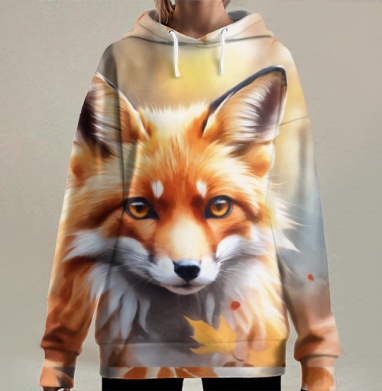 Теплый осенний лис рыжие листья лесу, Hoodie Long Oversize 3D