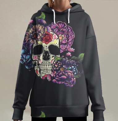 Яркий сахарный череп с цветами возвращение памяти и жизни, Hoodie Long Oversize 3D