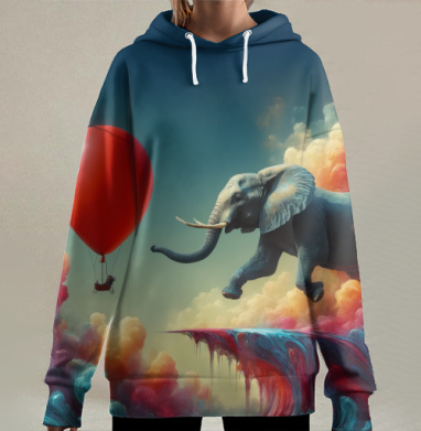 Прыжок веры: сюрреалистичный слон и воздушный шар, Hoodie Long Oversize 3D