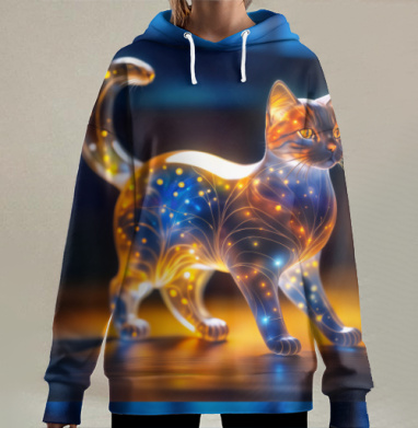 Фантазийный светящийся кот в ночной гамме, Hoodie Long Oversize 3D