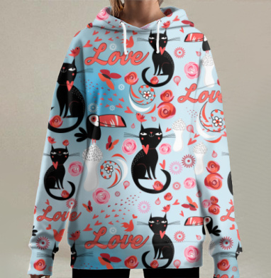 Влюблённые коты и птицы, Hoodie Long Oversize 3D