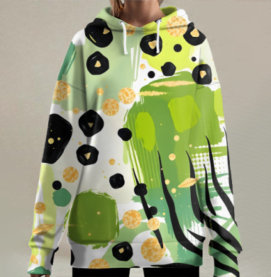 Яркие зеленые джунгли золотая абстракция Abstract tropical jungle, Hoodie Long Oversize 3D