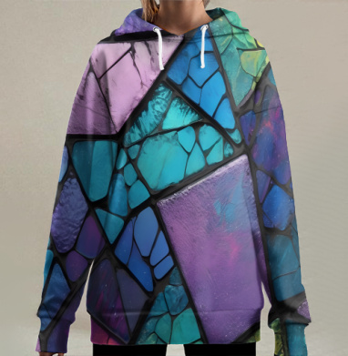 Абстрактная мозаика витраж переливается фиолетовыми цветами, Hoodie Long Oversize 3D