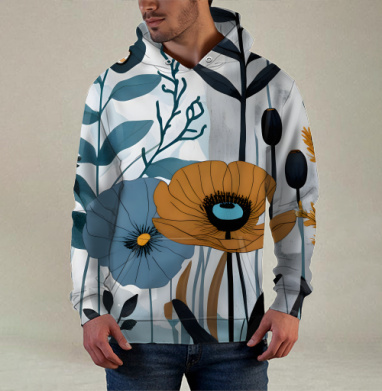 Дикие горчичные маки и синие полевые цветы Botanical floral pattern, Худи / Мужская / С карманом / 3D