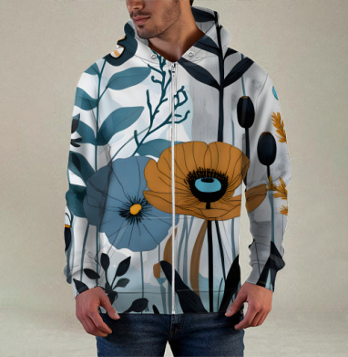 Дикие горчичные маки и синие полевые цветы Botanical floral pattern, Толстовка мужская на молнии 3Д полная запечатка
