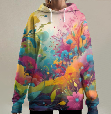 Яркий цветочный принт фантастический сад мечты, Hoodie Long Oversize 3D
