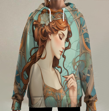 Изящная женская фигура в стиле ар-нуво нежных тонах, Hoodie Long Oversize 3D