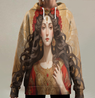 Величественная царица в золотом одеянии и красных цветах, Hoodie Long Oversize 3D