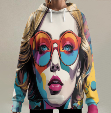 Яркий женский портрет абстракция динамика, Hoodie Long Oversize 3D