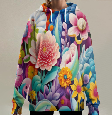 Яркие фантастические цветы объемный узор цветочный принт, Hoodie Long Oversize 3D