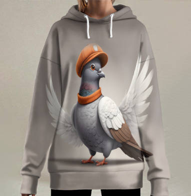 Рабочий голубь в кепке и шарфе, Hoodie Long Oversize 3D