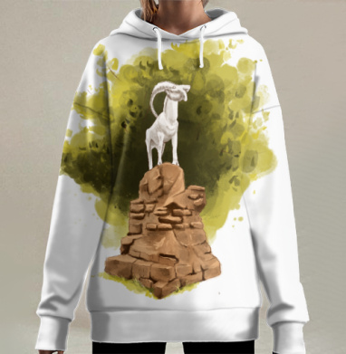 Горный козел на скале под желтым деревом парк Ривьера Сочи, Hoodie Long Oversize 3D