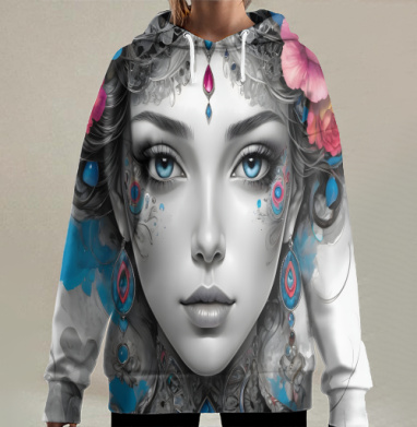 Портрет женщины с яркими цветами и голубыми глазами, Hoodie Long Oversize 3D