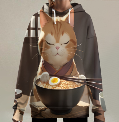 Рыжий кот наслаждается раменом горячим вкусным блюдом, Hoodie Long Oversize 3D