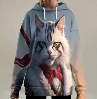 Величественный кот воин японском стиле самурай, Hoodie Long Oversize 3D