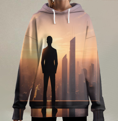 Успешный бизнесмен на фоне городского пейзажа, Hoodie Long Oversize 3D