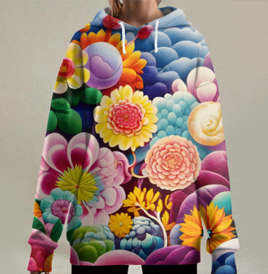 Яркие цветы в волшебном саду, Hoodie Long Oversize 3D