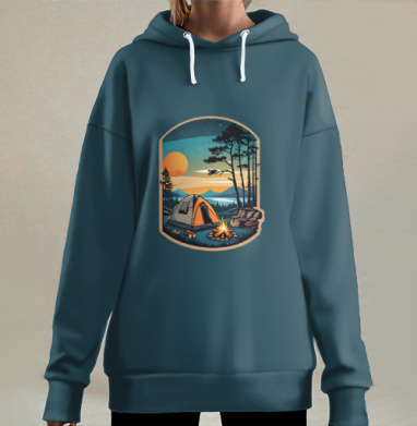 Уютный закат в горах кемпинг у озера, Hoodie Long Oversize 3D