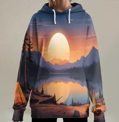 Nature adventures at the mountain lake sunset / Поход к горному озеру на закате, Hoodie Long Oversize 3D
