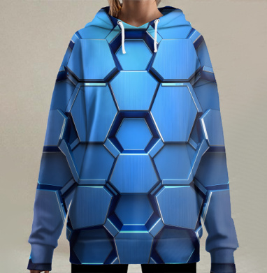 Futuristic Digital Abstract – Синий металлический шестигранник, Hoodie Long Oversize 3D