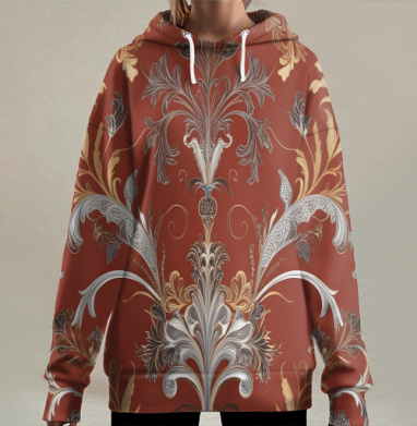 Изысканный флористический орнамент красном фоне, Hoodie Long Oversize 3D