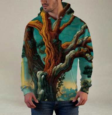 Golden tree in turquoise forest / Золотое дерево в бирюзовом лесу, Худи / Мужская / С карманом / 3D