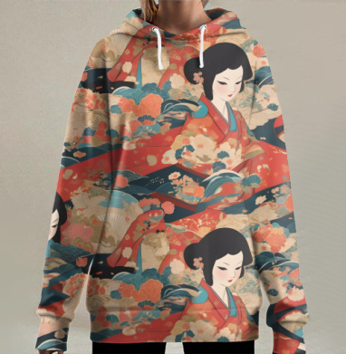 Традиционный восточный узор и изящная Японская гейша в волнах, Hoodie Long Oversize 3D