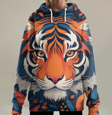 Декоративный тигр среди листвы смотрит пристально, Hoodie Long Oversize 3D