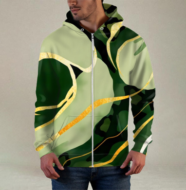 Золотые изгибы на зеленом анималистичном фоне / Golden curves on green animal background, Толстовка мужская на молнии 3Д полная запечатка