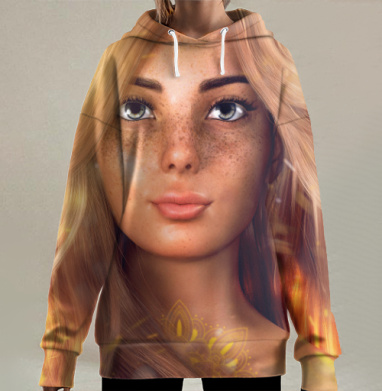 Теплый Портрет Женщины с Веснушками и Мандалой светлой кожи, Hoodie Long Oversize 3D