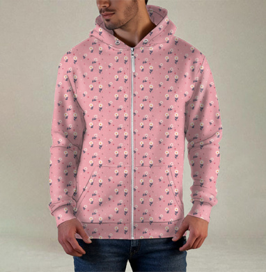 Нежные белые цветы на розовом фоне цветочный паттерн / White floral pattern, Толстовка мужская на молнии 3Д полная запечатка