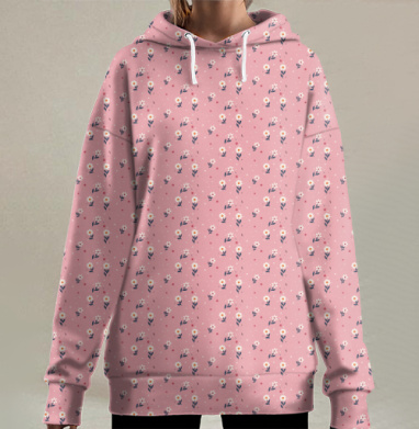 Нежные белые цветы на розовом фоне цветочный паттерн / White floral pattern, Hoodie Long Oversize 3D