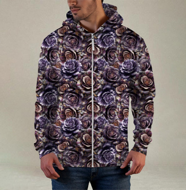 Purple Rose Pattern – Темно-фиолетовые розы создают изысканный цветочный паттерн, Толстовка мужская на молнии 3Д полная запечатка