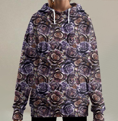 Purple Rose Pattern – Темно-фиолетовые розы создают изысканный цветочный паттерн, Hoodie Long Oversize 3D