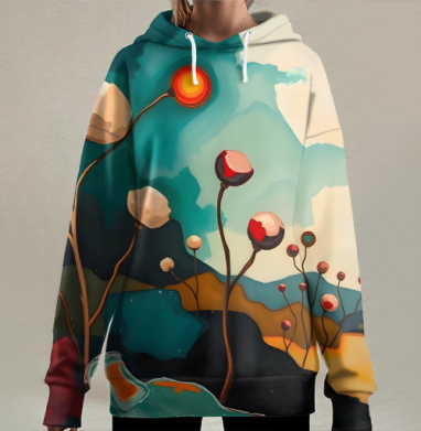 Surreal Flower Garden Абстрактные цветы тянутся к сияющему теплому солнцу, Hoodie Long Oversize 3D