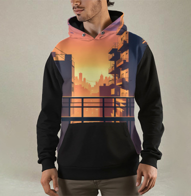 Silhouette Cat Watching City Sunset Силуэт кота смотрящего на закат города, Толстовка мужская Regular 3D