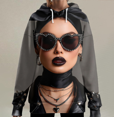 Женщина в черной косухе и очках сердце, Hoodie Long Oversize 3D