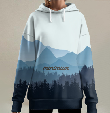 Минималистичный горный пейзаж с лесом и надписью minimum минимум, Hoodie Long Oversize 3D