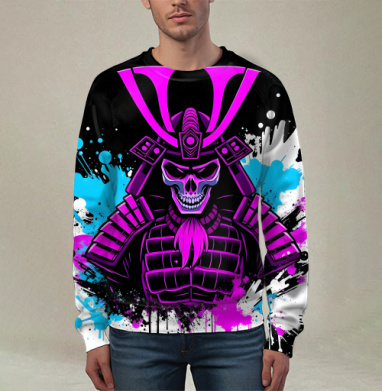 Neon Cyber Samurai Warrior / Самурай Череп в ярких брызгах краски, Свитшот мужской 3D